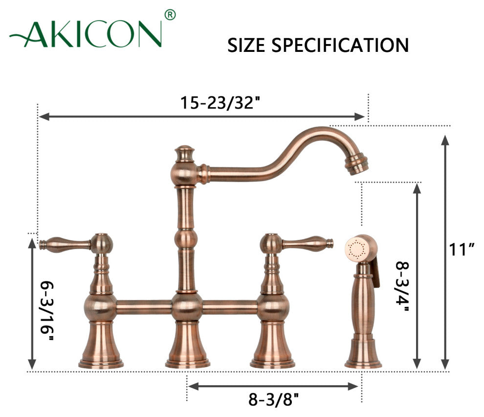 Two-Handles Copper Bridge Kitchen Faucet with Side Sprayer, Antique Copper