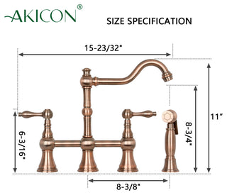 Two-Handles Copper Bridge Kitchen Faucet with Side Sprayer, Antique Copper