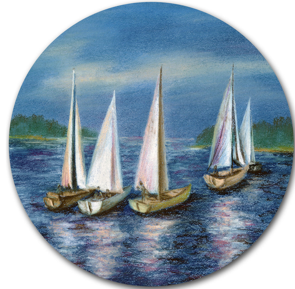 Yachts By Obsky Sea, Seascape Photo Disc Metal Artwork, 36"