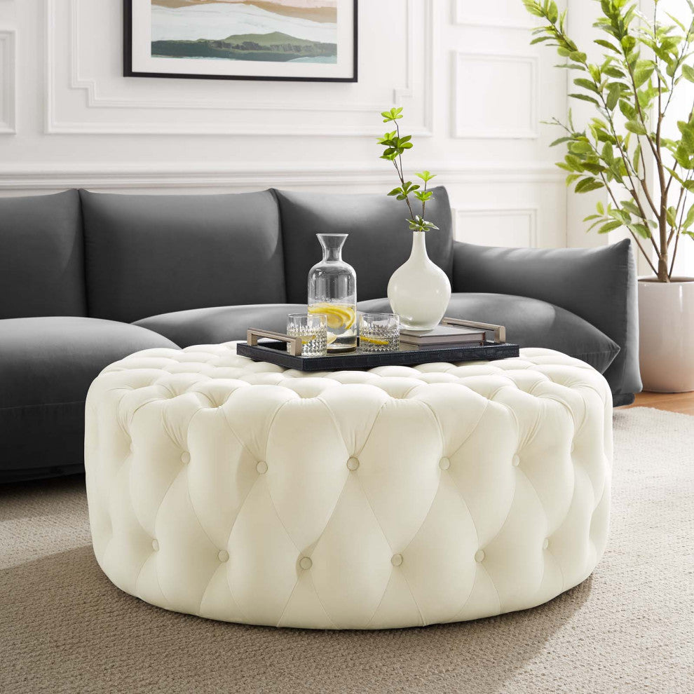 Round Ottoman Accent Tufted Chair, Ivory White, Velvet, Modern, Hospitality