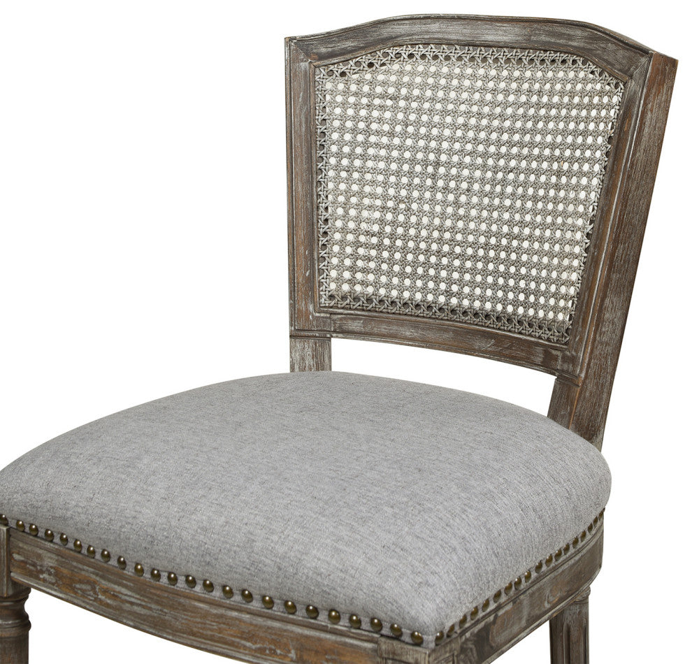 Triomphe 26.5" Oak Rattan Wicker Counter Stool, Heathered Gray Linen