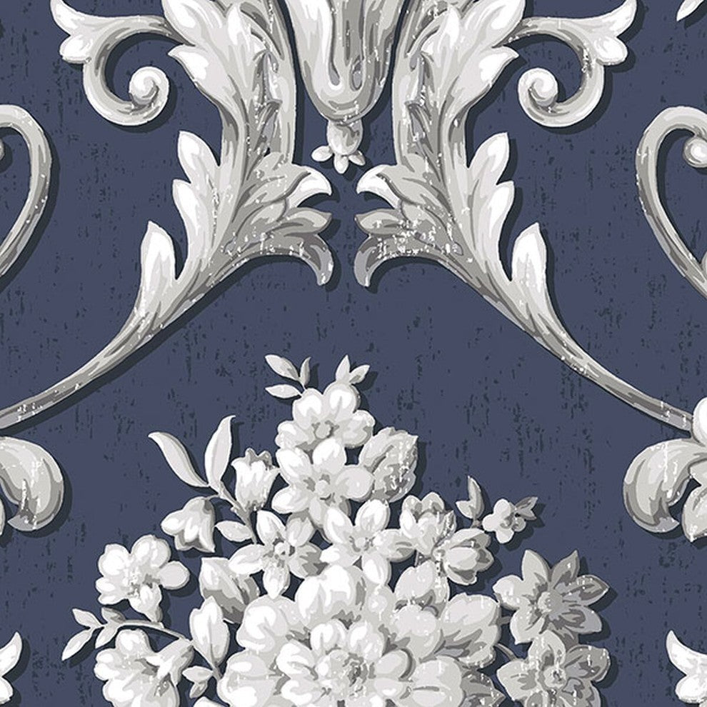Classic Silks 2, Damask Stripes Silk Emboss Blue, White Wallpaper Sample