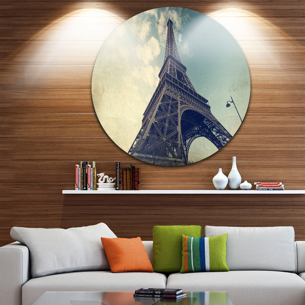 Paris Eiffel Tower Vintage View From Ground, Disc Metal Wall Art, 36"