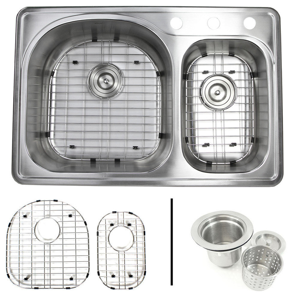 33" Top-mount/Drop-in Stainless Steel 70/30 Double Bowl Kitchen Sink Combo