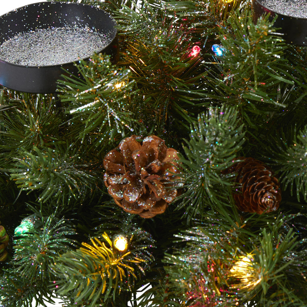 30ï¿½Flocked and Glittered Christmas Triple Candelabrum / 35 Lights and Pine Cones