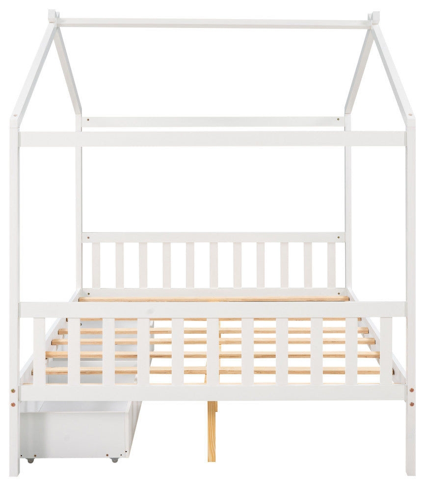 Gewnee Full Size House Platform Bed with Two Drawers,Headboard in White