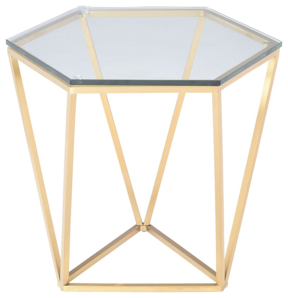 Louisa Side Table, Glass Top End Table, Hexagon Diamond Shaped Table, Brushed Go