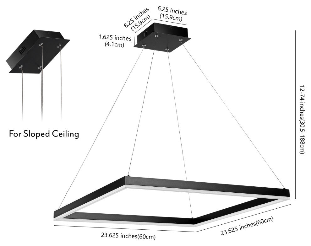 Nero Square Modern Metal LED Pendant Light, Black, Width: 23.63