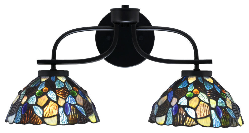 Cavella 2 Light Bath Bar In Matte Black Finish, 7" Blue Mosaic Art Glass