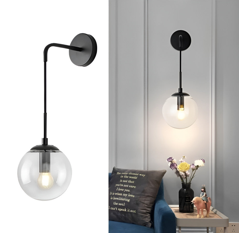 Modern LED Wall Lamp in the Shape of Glass Ball for Dining Room, Black, Clear Glass, Cool Light