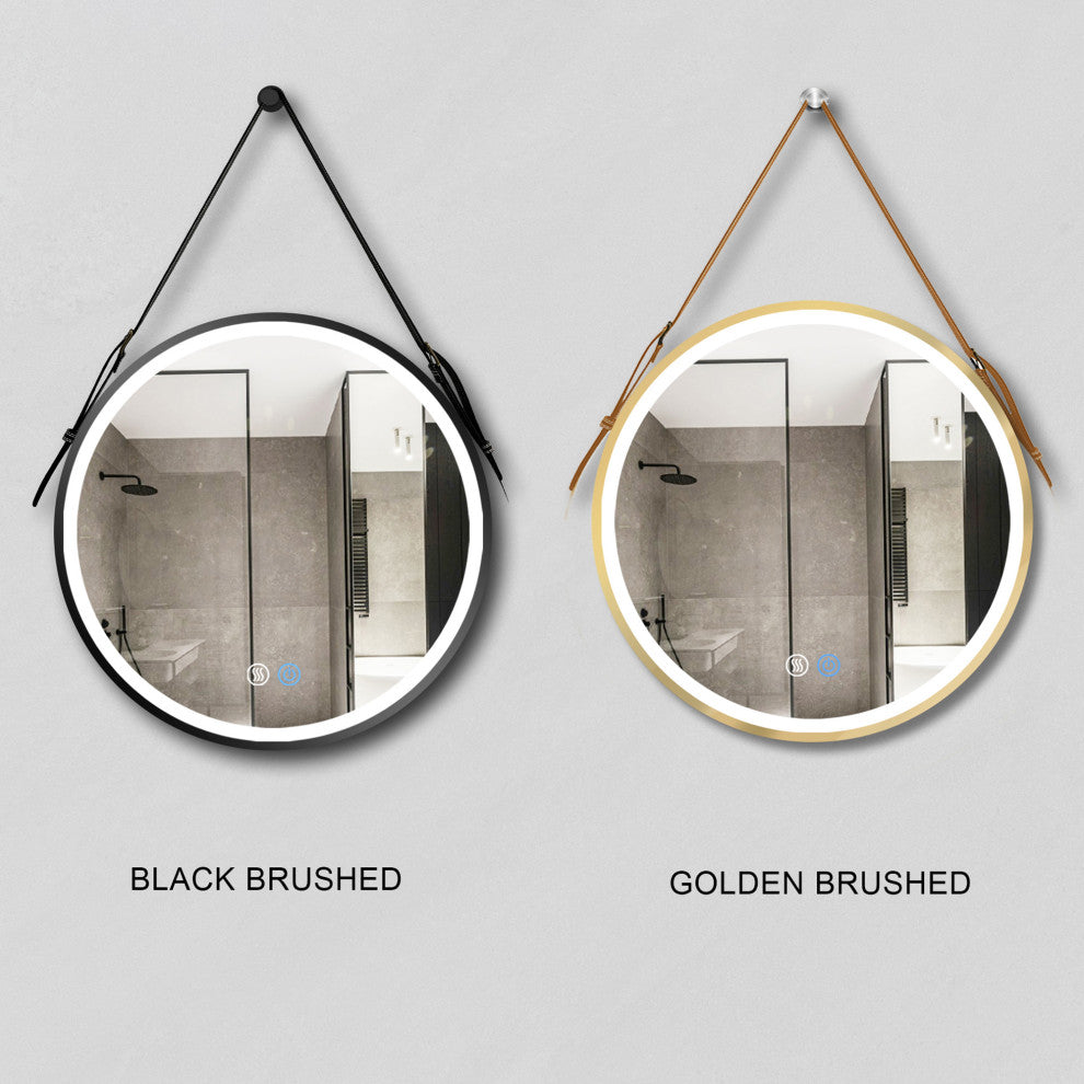 Round Framed Anti-Fog Dimmable Rope Hanging LED Bathroom Vanity Mirror, Godl, 32"32"