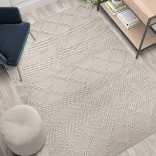 Geometric Handwoven Area Rug, Wool, Polyester, Cotton Blend, Ivory, White, 5x7