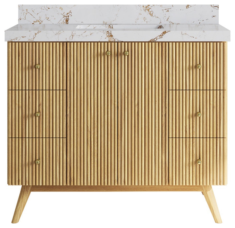 Pasadena 42 Single Sink Bath Vanity in Light Natural Teak 2" Viola Gold