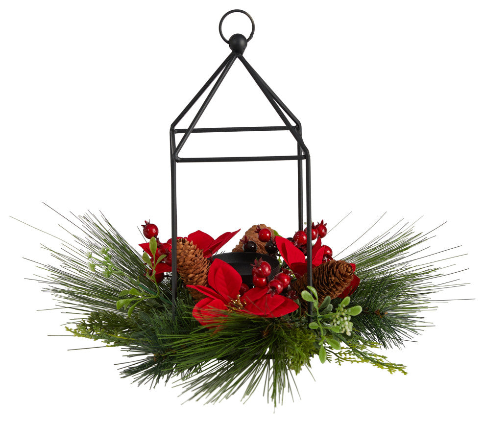14" Xmas Poinsettia, Berry & Pinecone Metal Candle Holder Faux Table Arrangement
