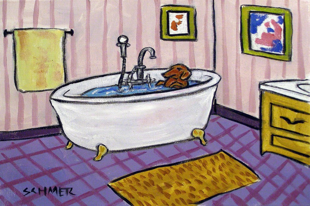 "Dachsund Bath" Painting Print on Wrapped Canvas, 36"x24"