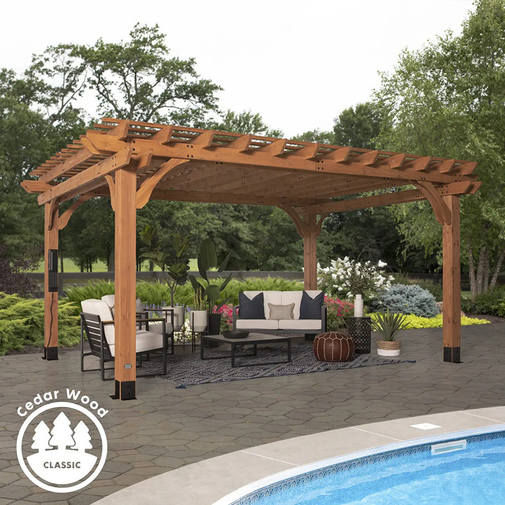 Weather Resistant Pergola with Electrical and USB Ports and Stained Cedar Frame, 16ft X 12ft