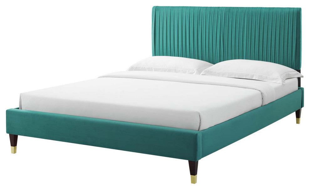 Platform Bed Frame, Full Size, Velvet, Teal Blue, Modern Contemporary, Bedroom