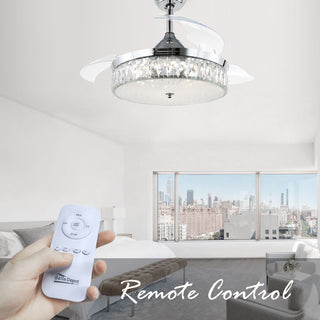 42" Decorative Crystal Drum Ceiling Fan with Light and Remote, Foldable Blade, Chrome, Neutral White (4000k)