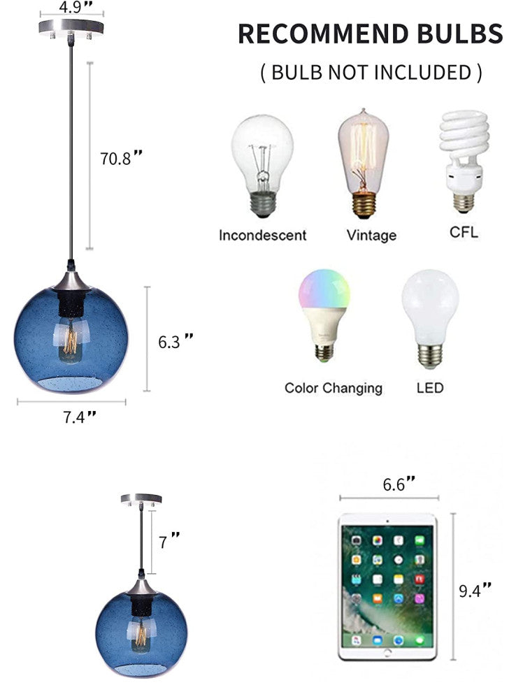 Blue Glass Pendant Light Globe Hanging Pendant Lamp for Kitchen
