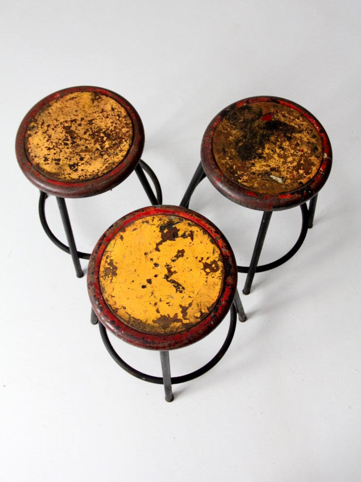 Consigned, Vintage Industrial Stools Set of 3