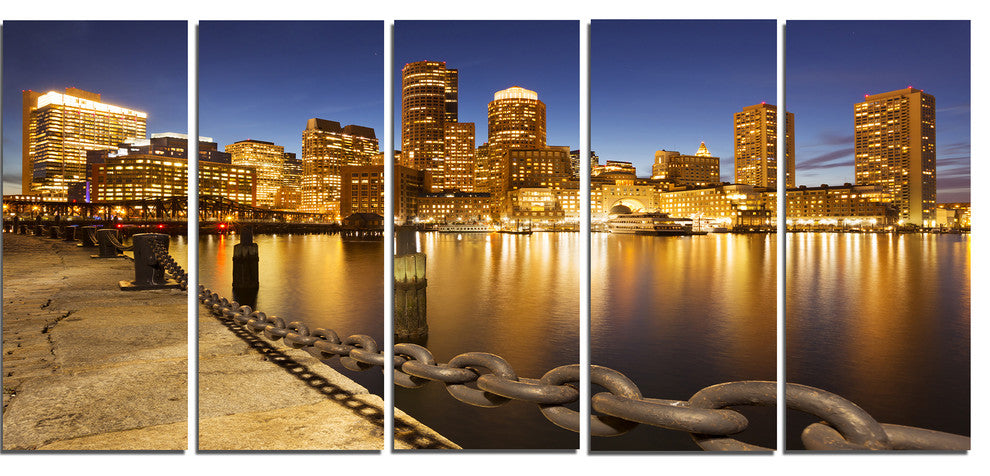 USA Skyline from Fan Pier at Night, Cityscape Canvas Print, 60"x28", 5 Panels