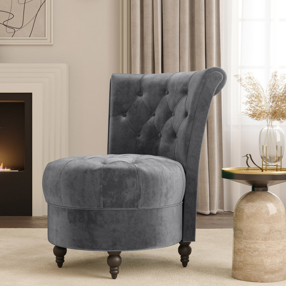 Button-Tufted Accent Chair w/ Thick Padding, Velvet Low Back Chair, Grey