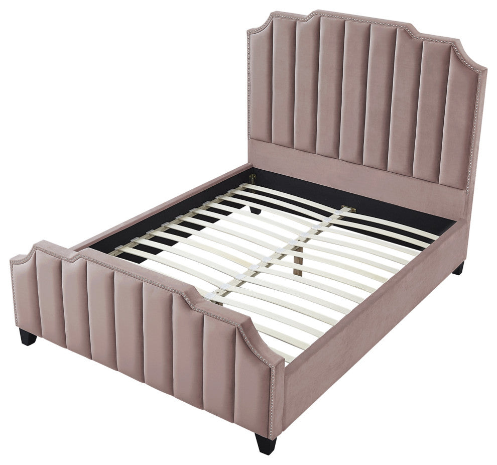 Inspired Home Zaida Bed, Velvet Upholstered, Pink, Queen