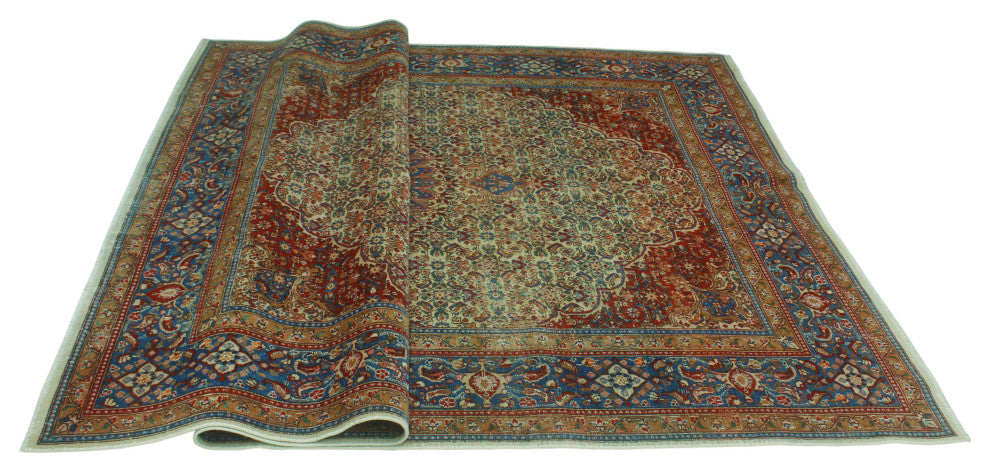 Fine Vintage Distressed Zavrina Ivory/Blue Rug, 6'7x9'10