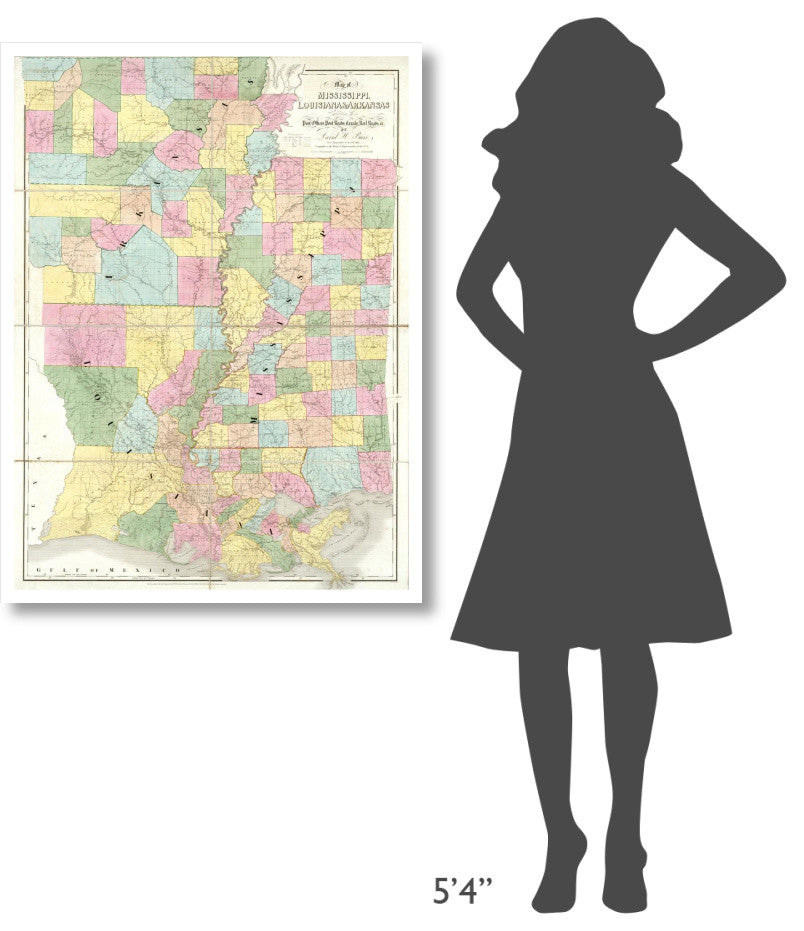 "Map of Mississippi, Louisiana and Arkansas, 1839" Paper Art, 32"x42"
