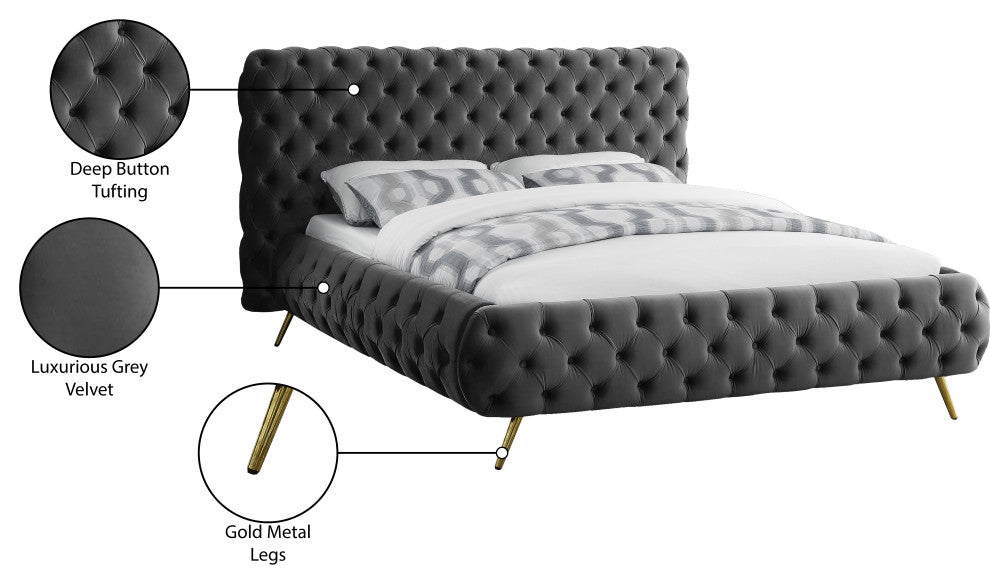 Delano Velvet Upholstered Bed, Gray, Queen