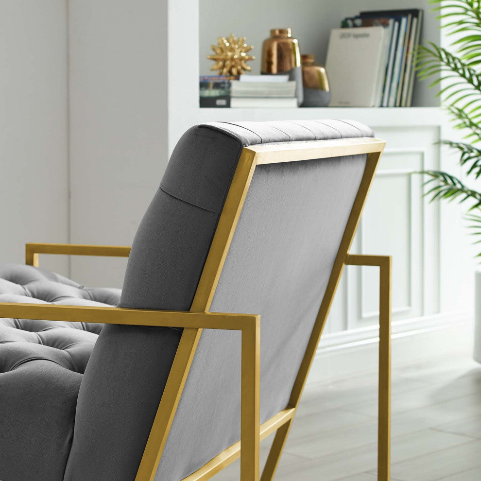Bequest Gold Stainless Steel Upholstered Velvet Accent Chair, Gray Velvet