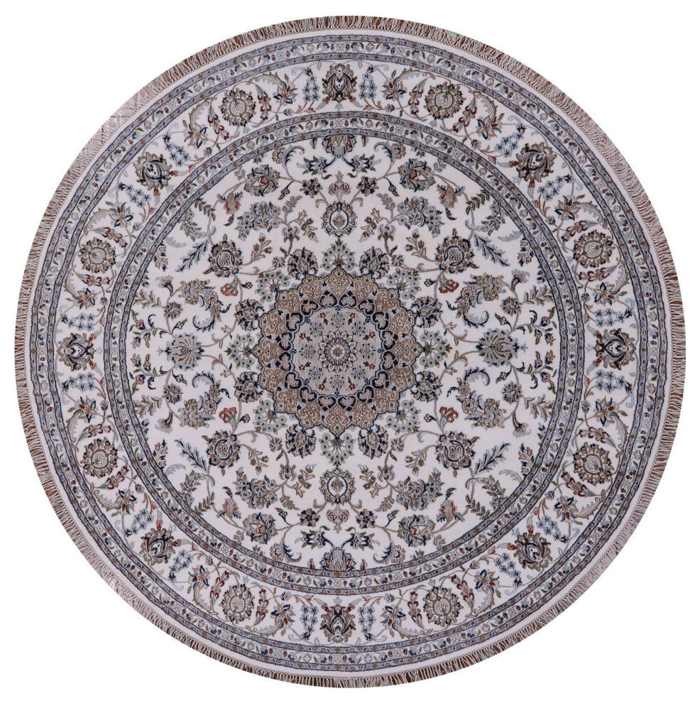 8' Round Persian Nain Wool and Silk Hand-Knotted Rug Q9365