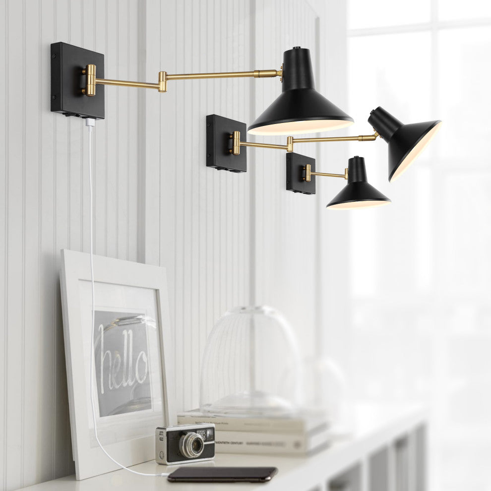 Hygge Swing Arm 1-Light Modern Midcentury Iron USB Charging Port LED Sconce, Bla
