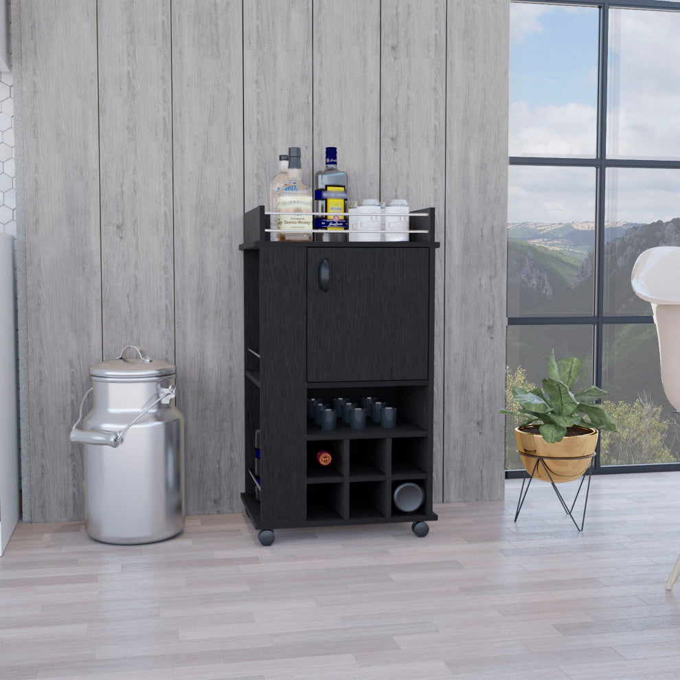 Farson Bar Cart with 6 Built-in Wine Racks, Cabinet, and Caster Wheels, Black