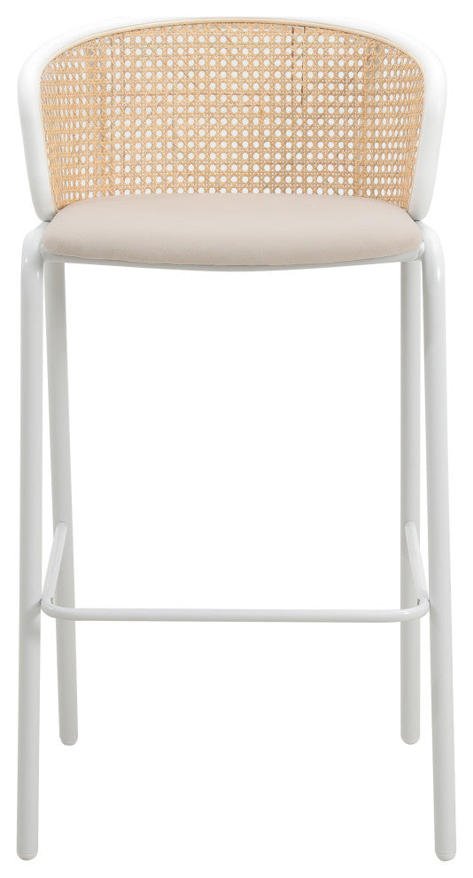 LeisureMod Ervilla Bar Stool With White Coated Steel Frame Set of 2, Beige
