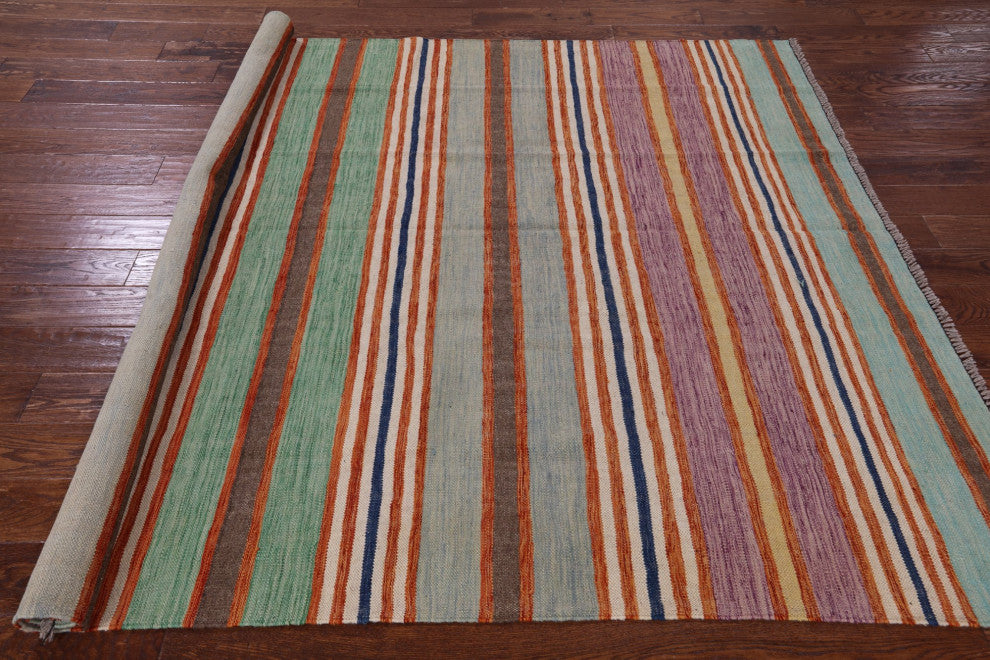 6' 5" X 9' 7" Flat Weave Kilim Wool On Wool Rug - Q12596