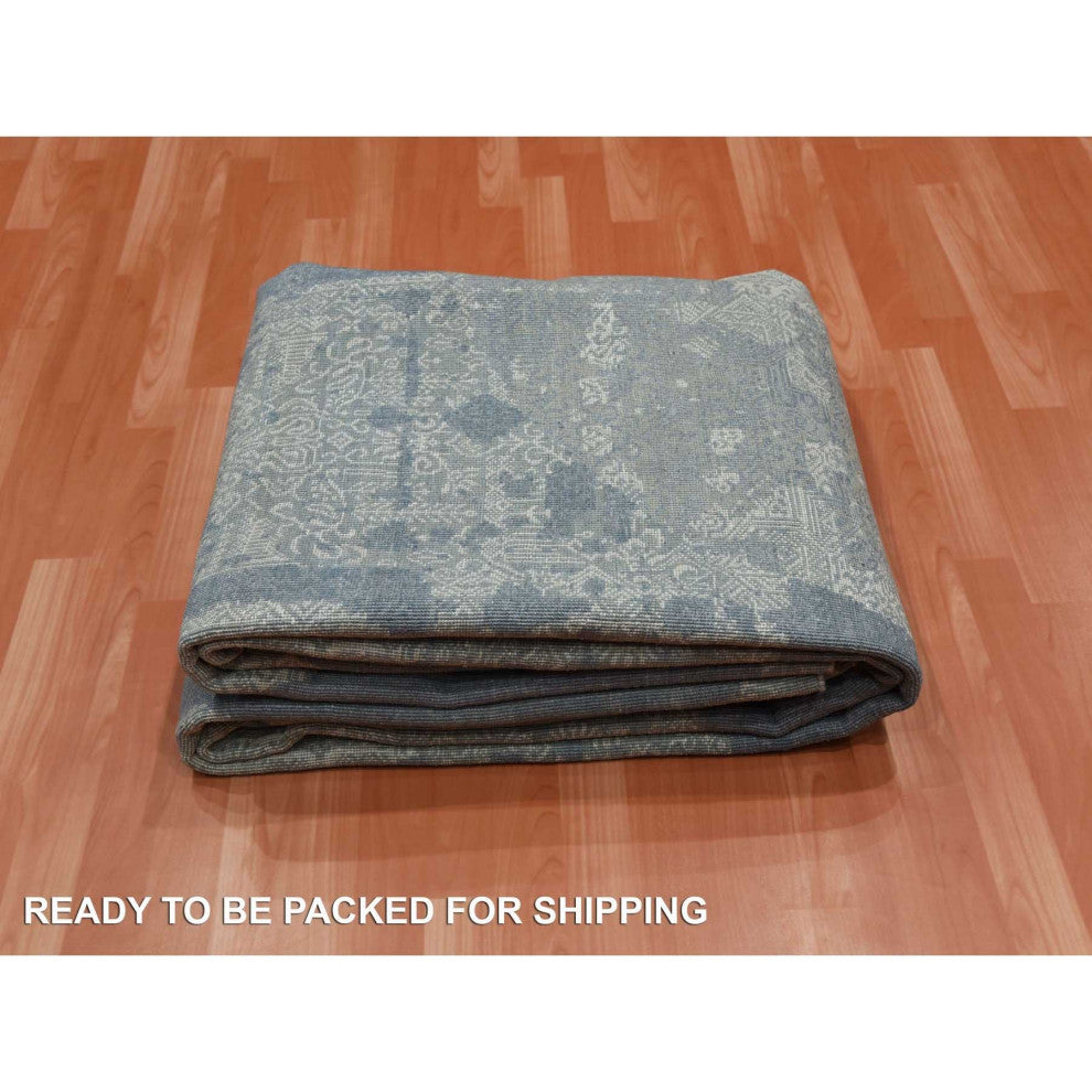 Blue Wool and Pure Silk Hand Knotted Jewellery Design Oriental Rug, 7'10"x10'0"