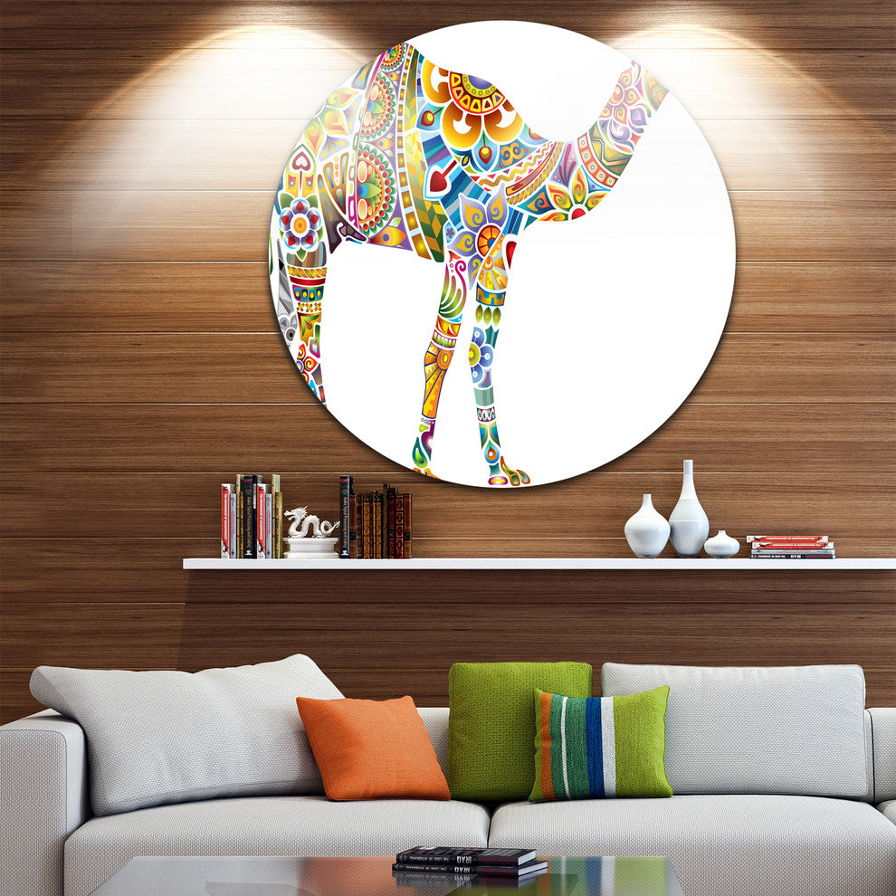 Cheerful Floral Camel, Digital Art Large Disc Metal Wall Art, 23"