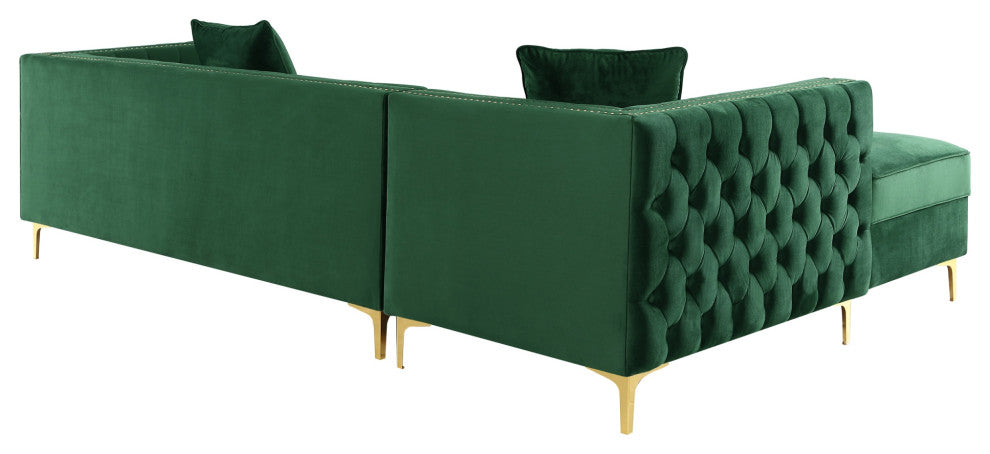 Jeannie Velvet Tufted With Nailhead Trim Sectional, Hunter Green, Left Facing
