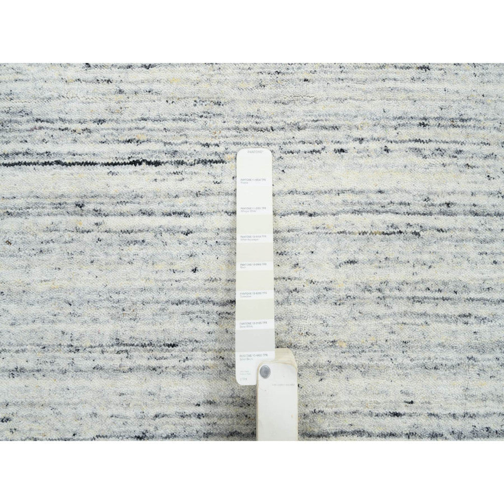 Ivory Plain Modern Striped Design Pure Wool Hand Loomed Round Rug, 11'10"x11'10"