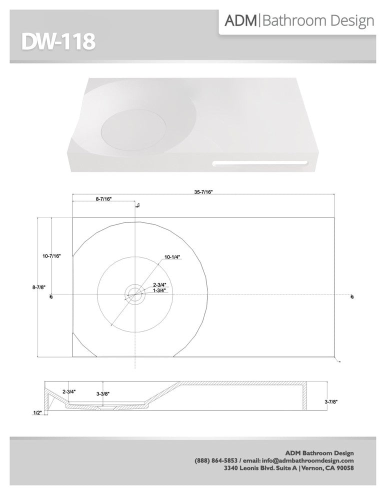 ADM Circular Wall Mounted Sink, White, 35", Matte White
