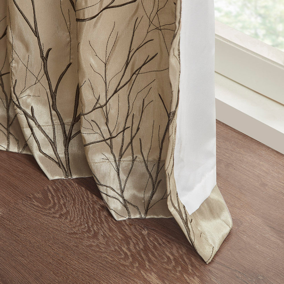 Madison Park Andora Embroidered Branches Faux Silk Window Panel, Blue, Tan, 95"