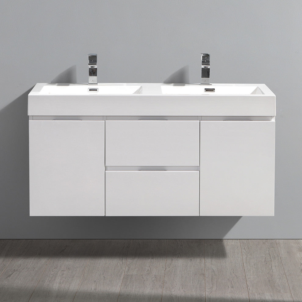 Valencia Wall Hung Double Sink Bathroom Vanity, Glossy White, 48"