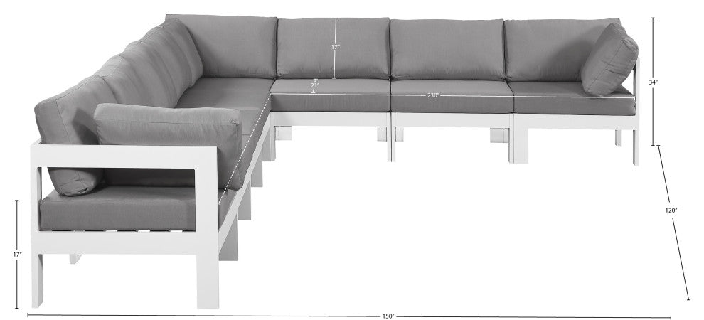 Nizuc Water Resistant Patio L-Shaped Modular Sectional, Gray, 8-Piece: 5 Armless Chair, 3 Corner Chair, White Aluminum Frame