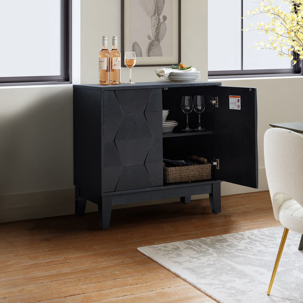 Lifestyle image with cabinet doors open exposing interior shelving in a home setting.