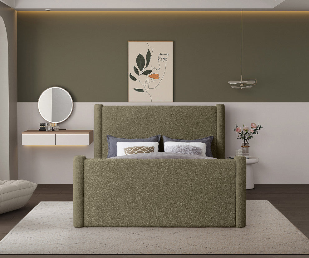 Elias Upholstered Bed, Green, Queen, Boucle Fabric