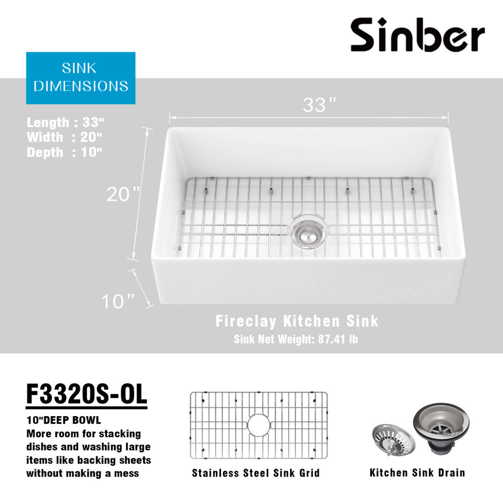 Sinber Farmhouse Apron Single Bowl Kitchen Sink with Fireclay 2 Accessories, White, 33" X 20"