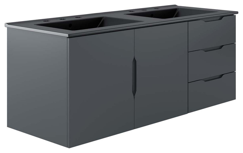 Double Sink Vanity Cabinet, Gray Black, Ceramic, Modern, Hotel Bathroom