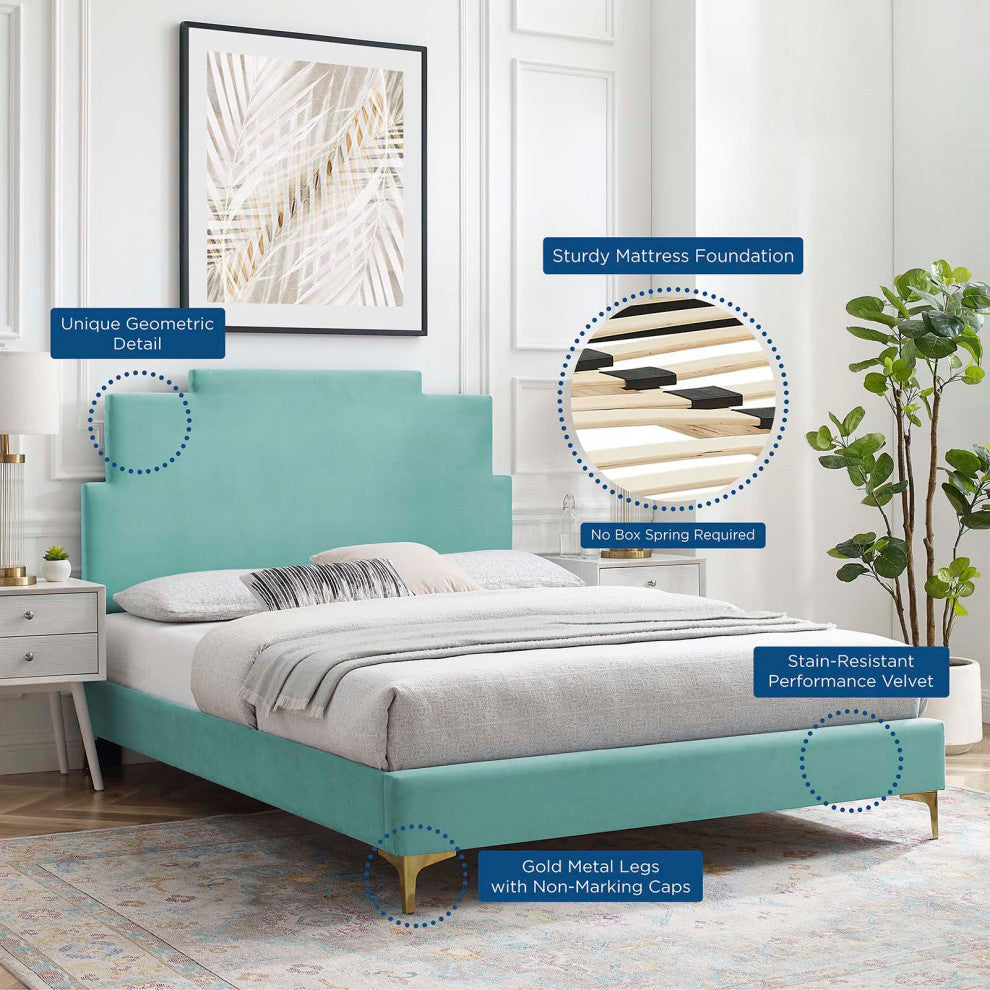 Platform Bed Frame, Queen Size, Velvet, Blue, Modern Contemporary, Bedroom