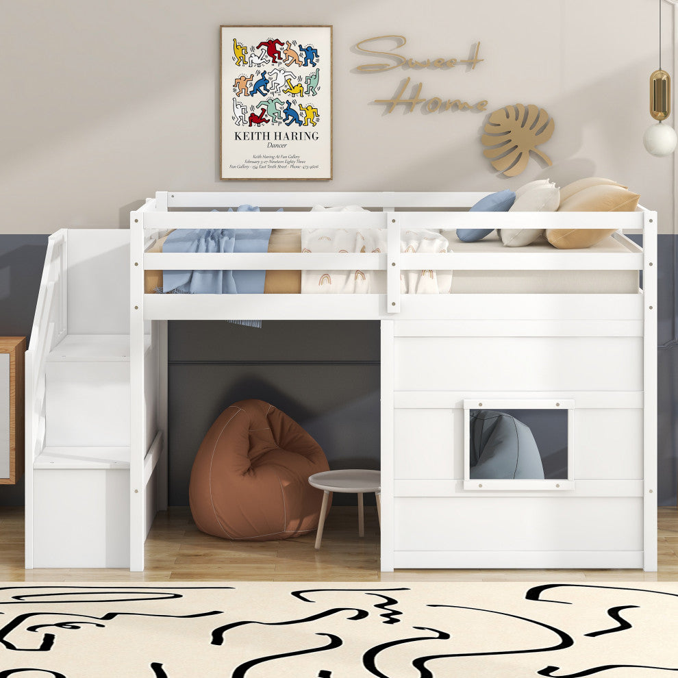 Gewnee Twin Size Loft Bed with Storage Staircase and Window